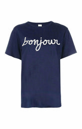 Sequined Bonjour Tee Navy/White