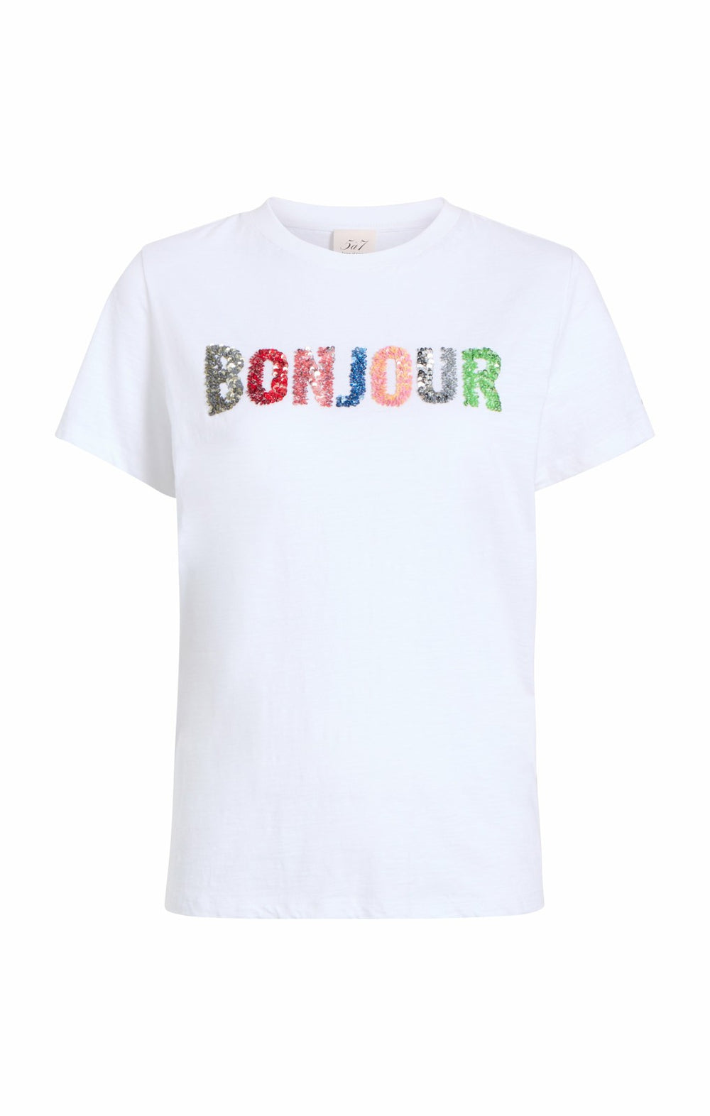 Pailette Applique Bonjour Tee White/Multi