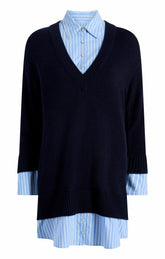 Deep V Remie Stripe Santina Dress Navy/French Blue