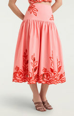 Trailing Peonies Tilda Skirt Pink Poppy/Coral Orange