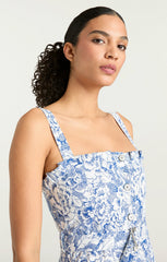 Sketchbook Floral Branwen Dress White/Dark Cerulean