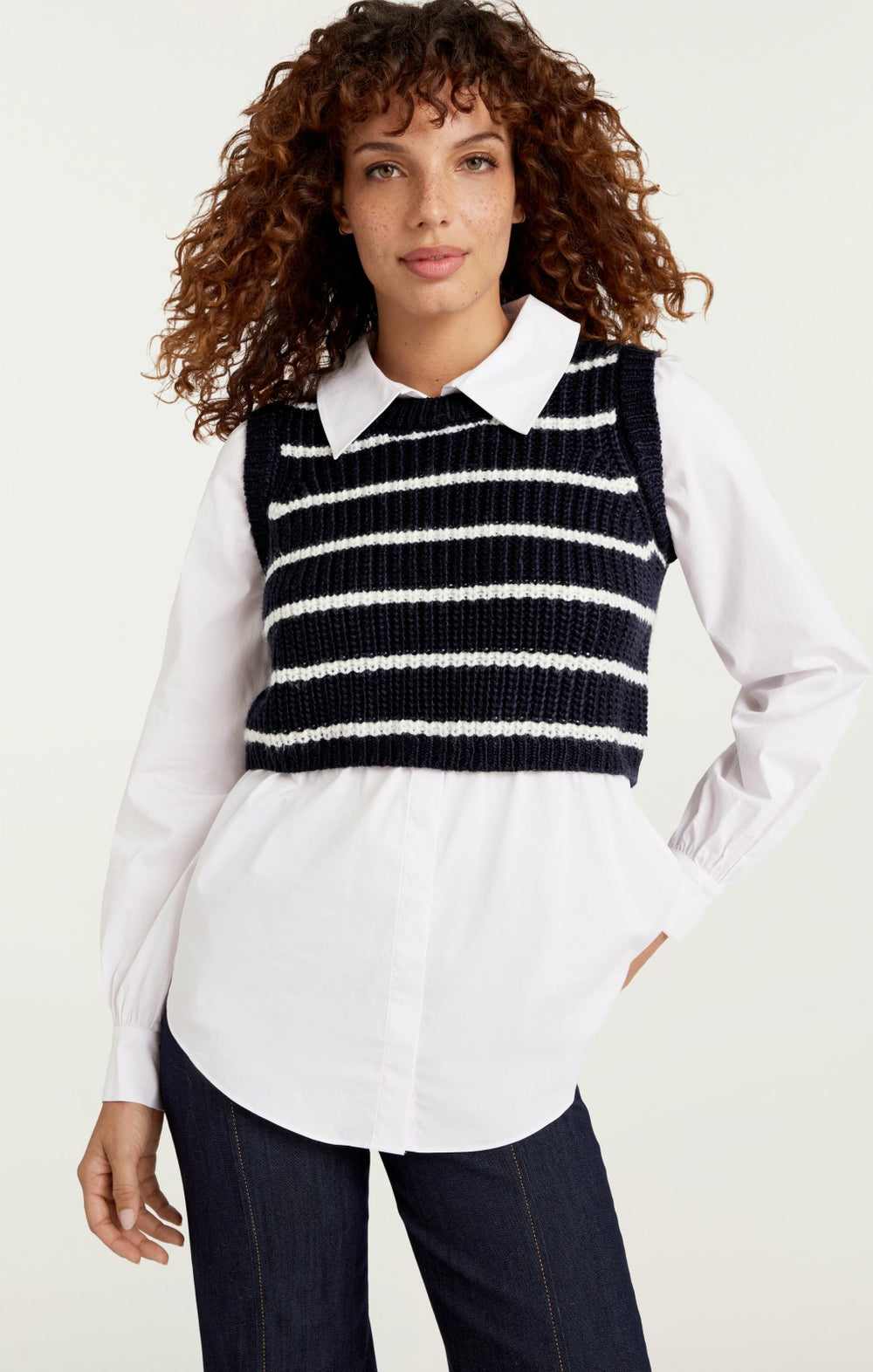 Striped Mara Shaker Pullover Navy/Ivory