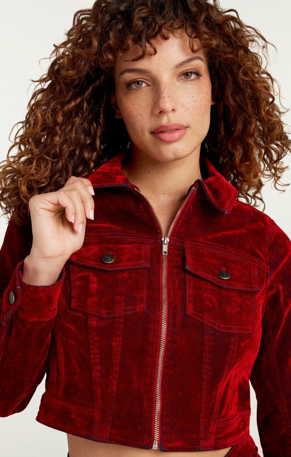 Flocked Denim Marilee Jacket Pomegranate