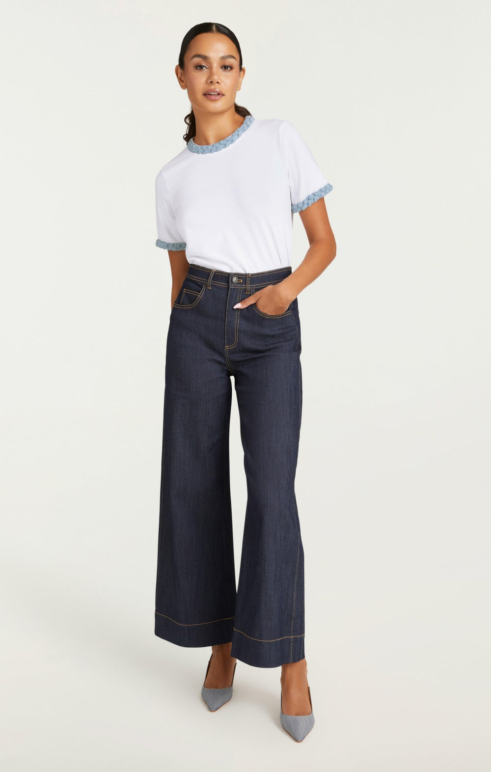 Denim Braided Tee White/Light Wash