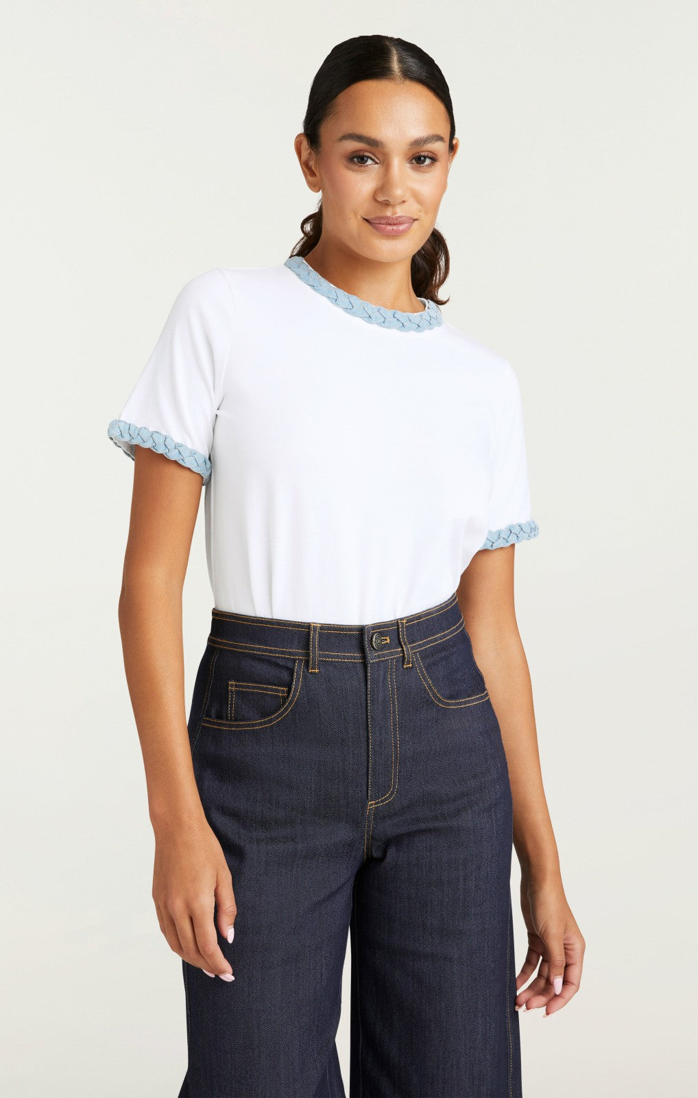 Denim Braided Tee White/Light Wash