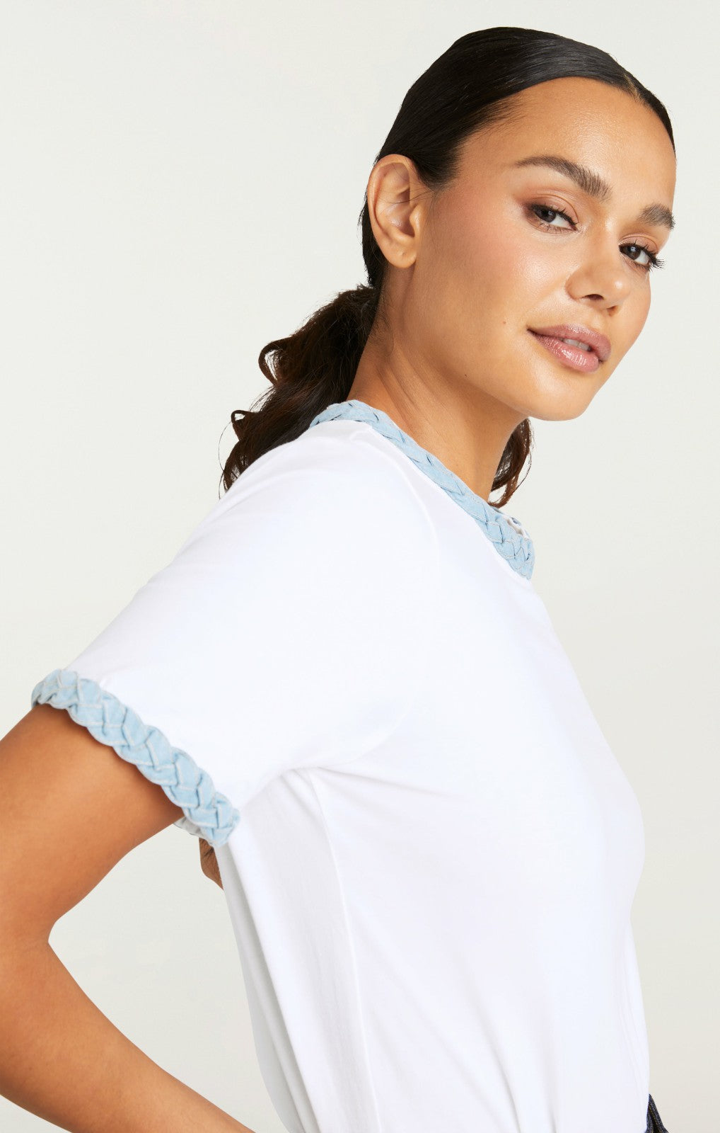 Denim Braided Tee White/Light Wash