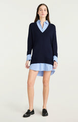 Deep V Remie Stripe Santina Dress Navy/French Blue