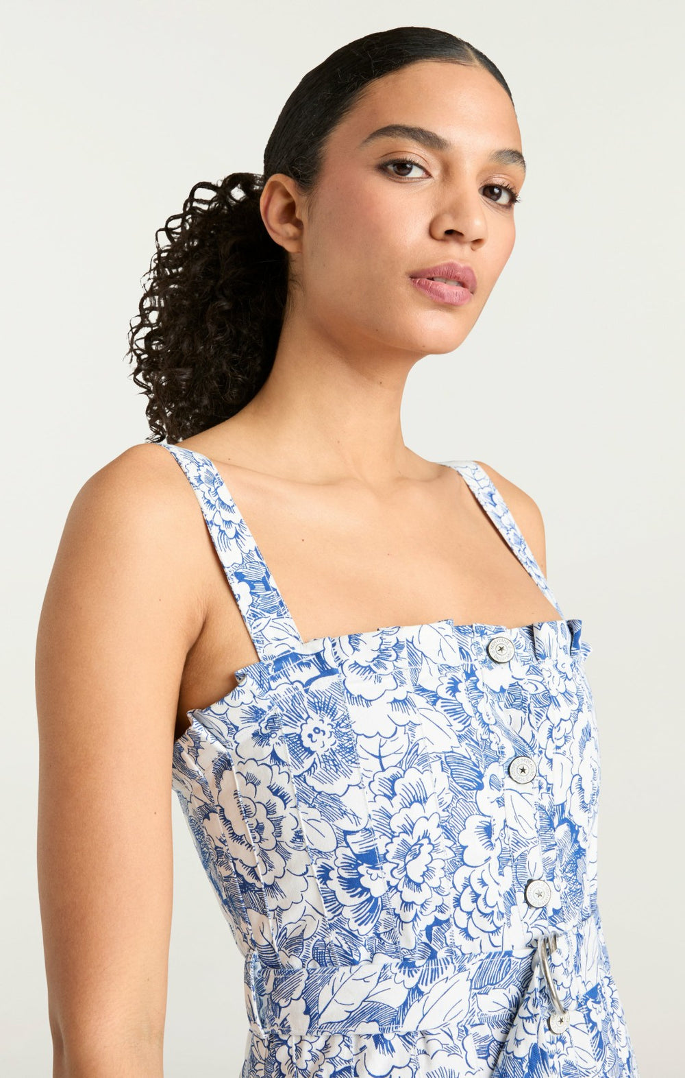 Sketchbook Floral Branwen Dress White/Dark Cerulean