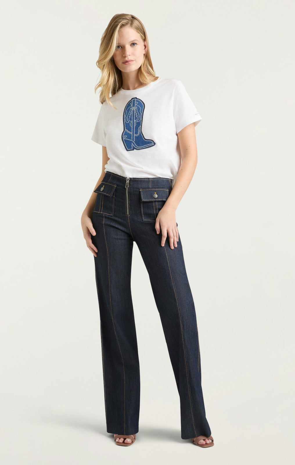 Silver Studs Denim Boot Tee White/Indigo