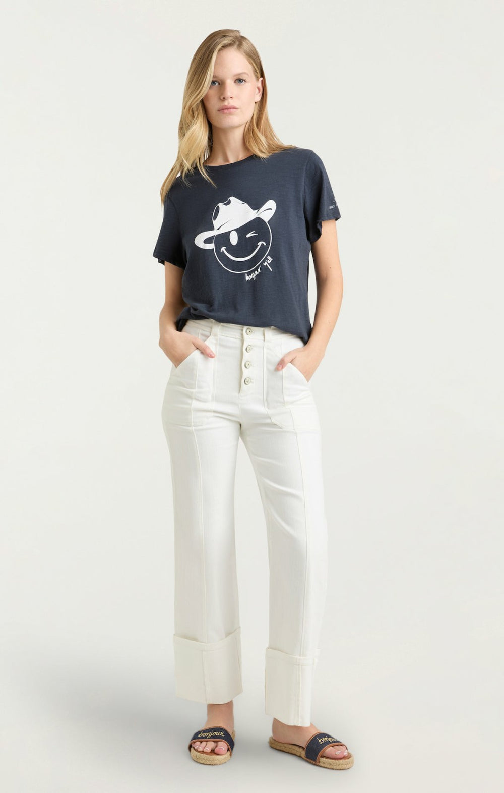 Bonjour Y'all Smiley Tee Navy/White
