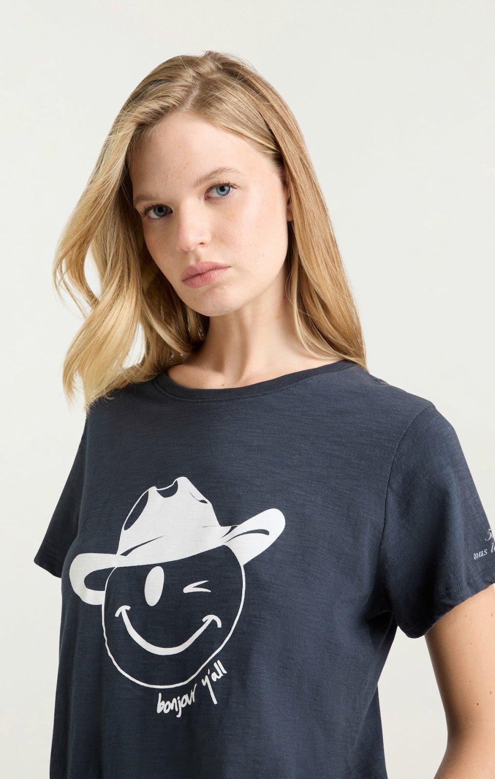 Bonjour Y'all Smiley Tee Navy/White
