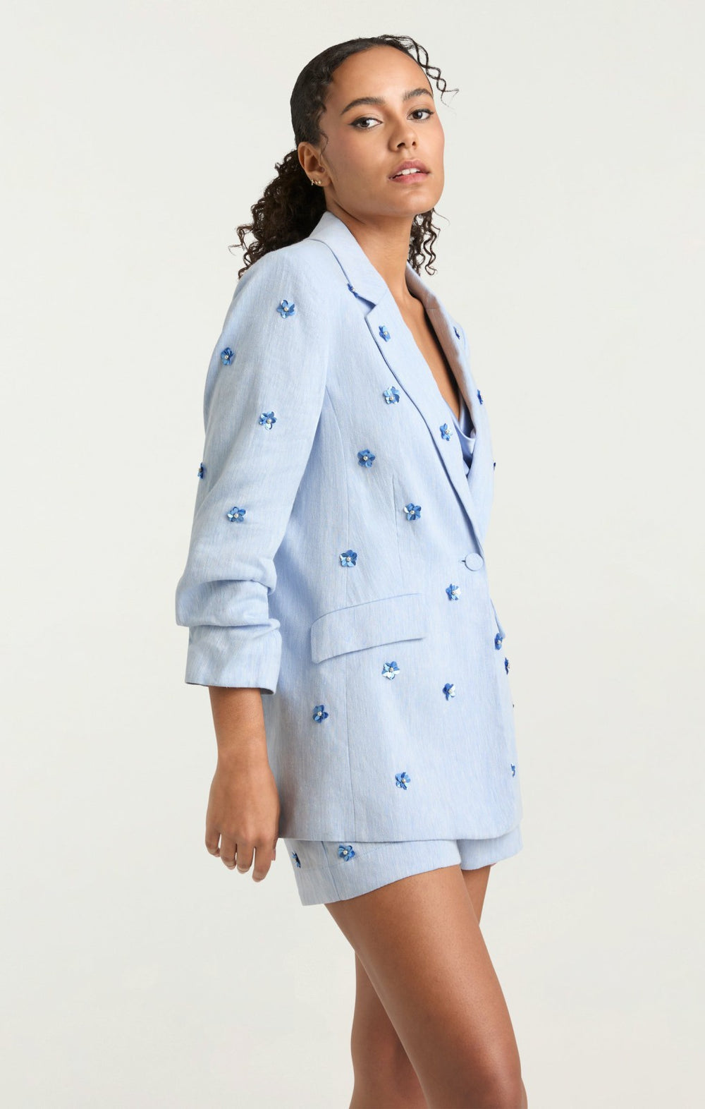 Linen Suiting Pearl Ditsy Kylie Blazer Blue Hydrangea