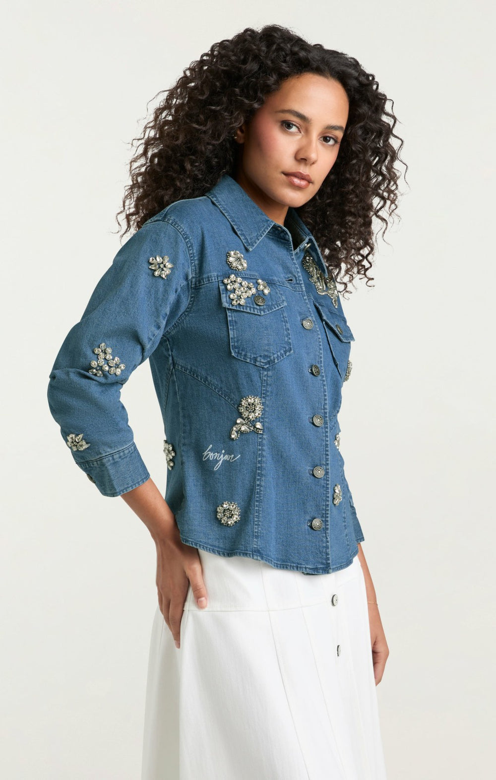 Crystal Ditsy Floral Scrunched Jacket Light Wash