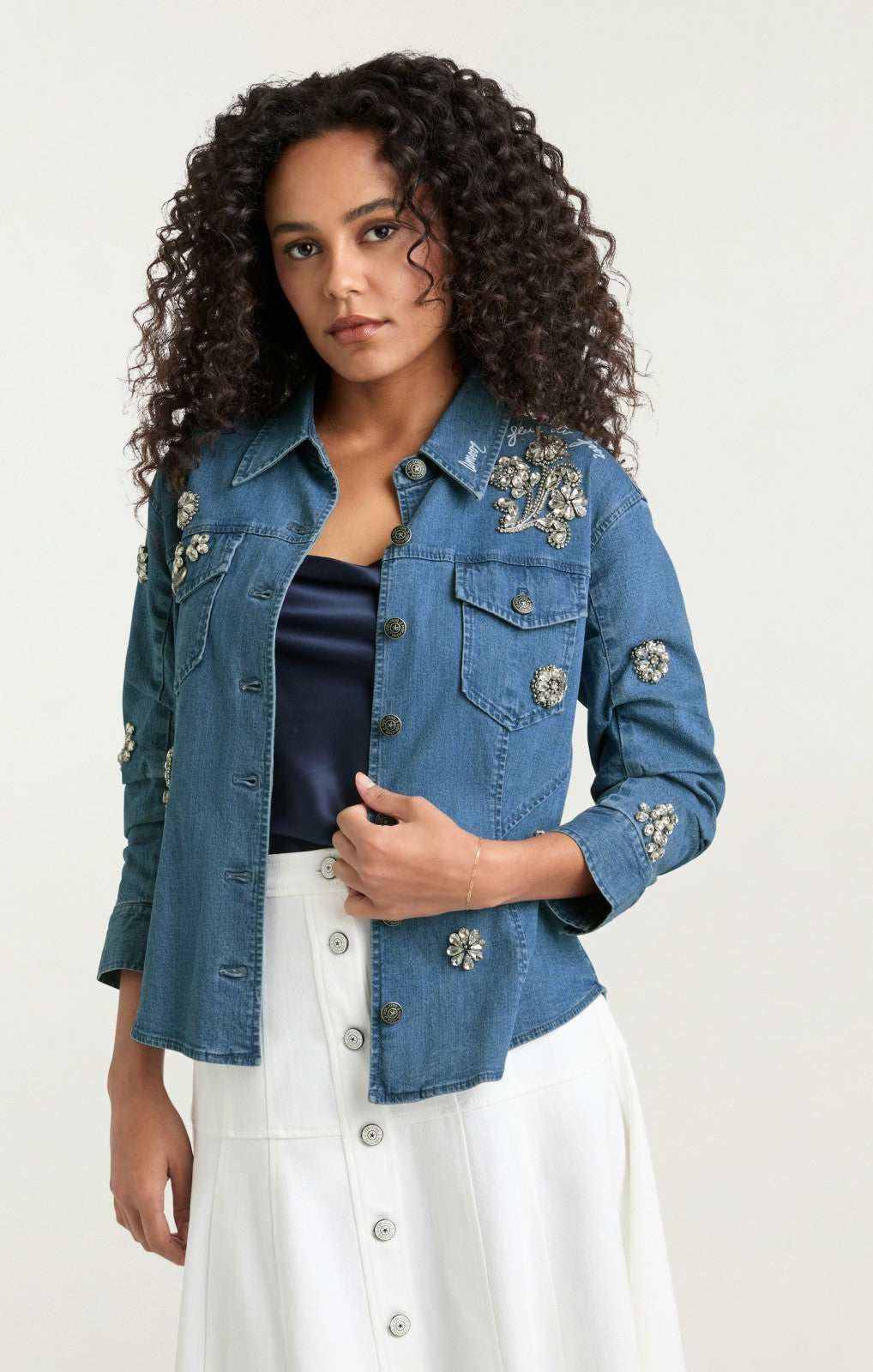 Crystal Ditsy Floral Scrunched Jacket Light Wash