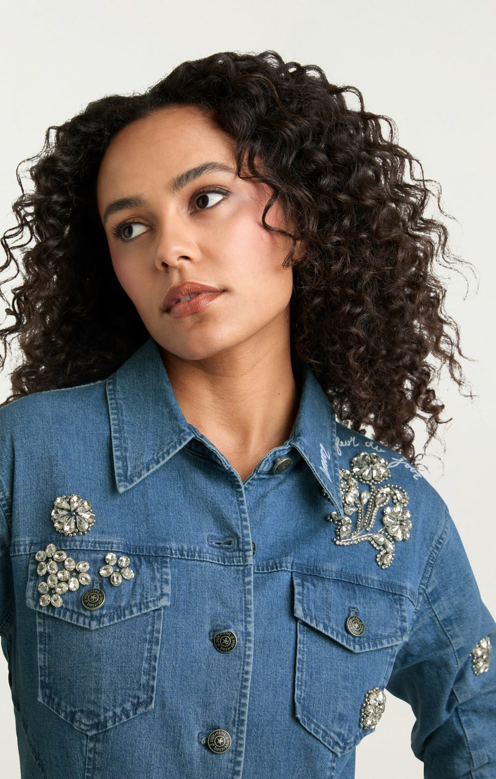 Crystal Ditsy Floral Scrunched Jacket Light Wash