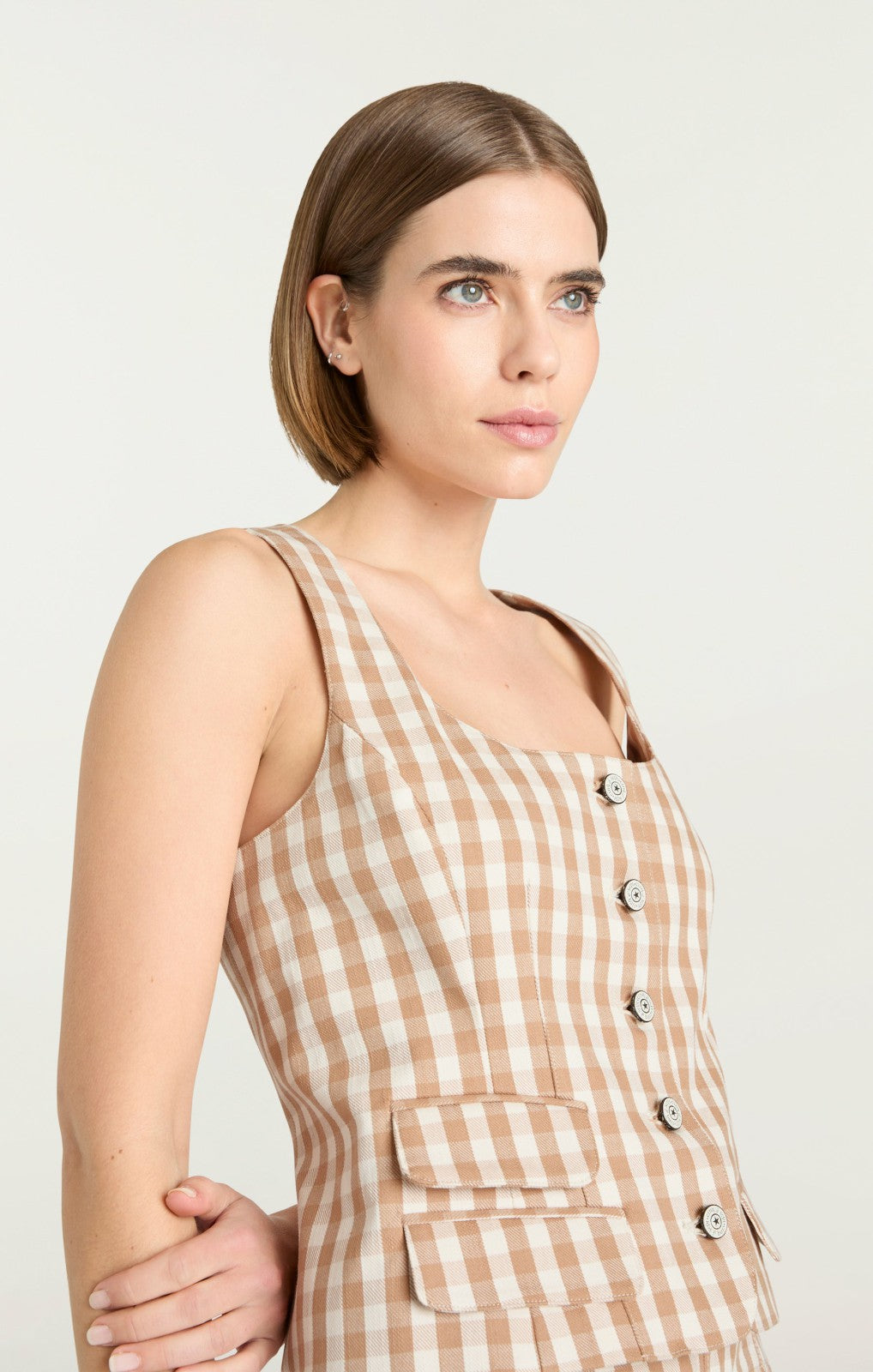Gingham Denim Lovina Top Sahara/Light Plaster